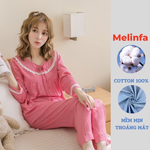 Bộ đồ ngủ nữ, set đồ nữ mặc nhà áo dài tay quần dài chất vải cotton lụa tự nhiên nhiều màu mã BD0189