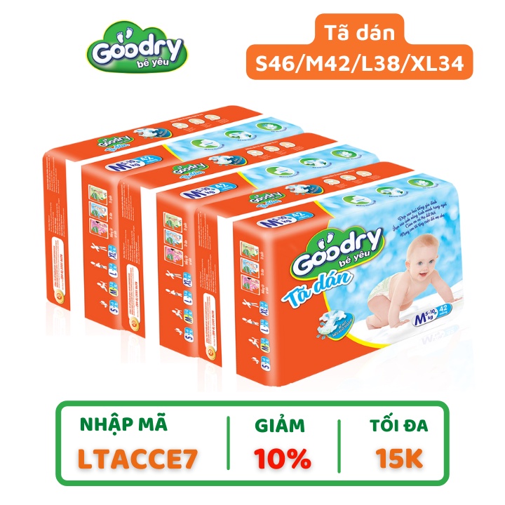 Combo 3 baoTã dán Goodry đủ size S46/M42/L38/XL34 - Thun chân co giãn giúp bé thoải mái vận động