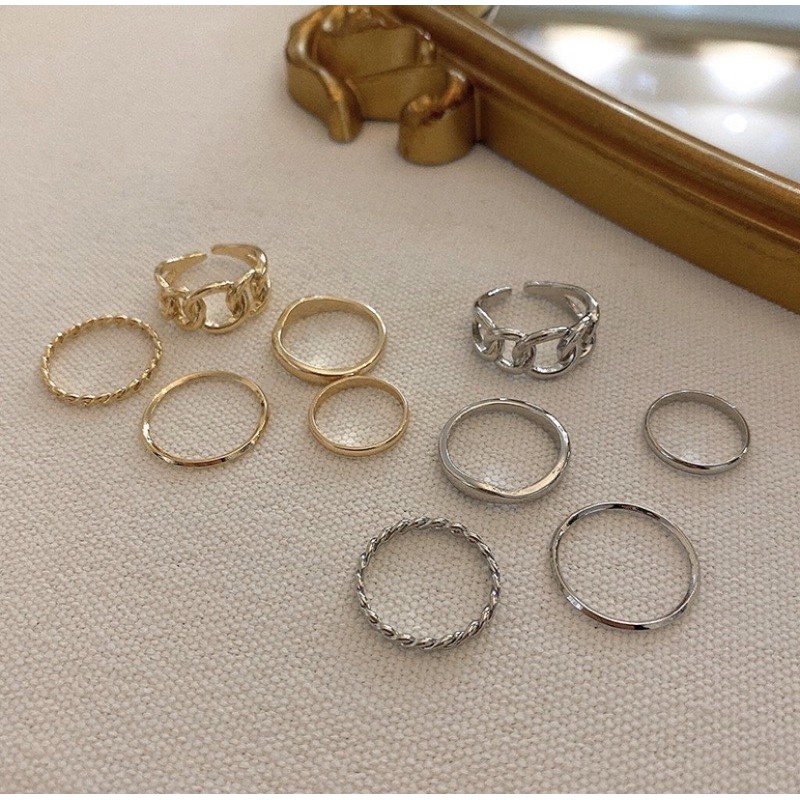 Set nhẫn nữ 5 chiếc, nhẫn thời trang hình dây xích, mạ bạc 925 sáng đẹp HER.ACC N2