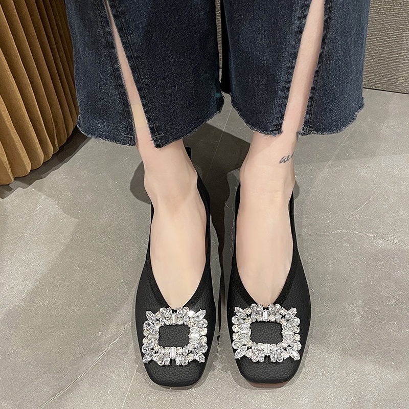 Giày Búp Bê Da Đế Bằng Mũi Vuông Đính Pha Lê Thời Trang Công Sở Cho Nữ