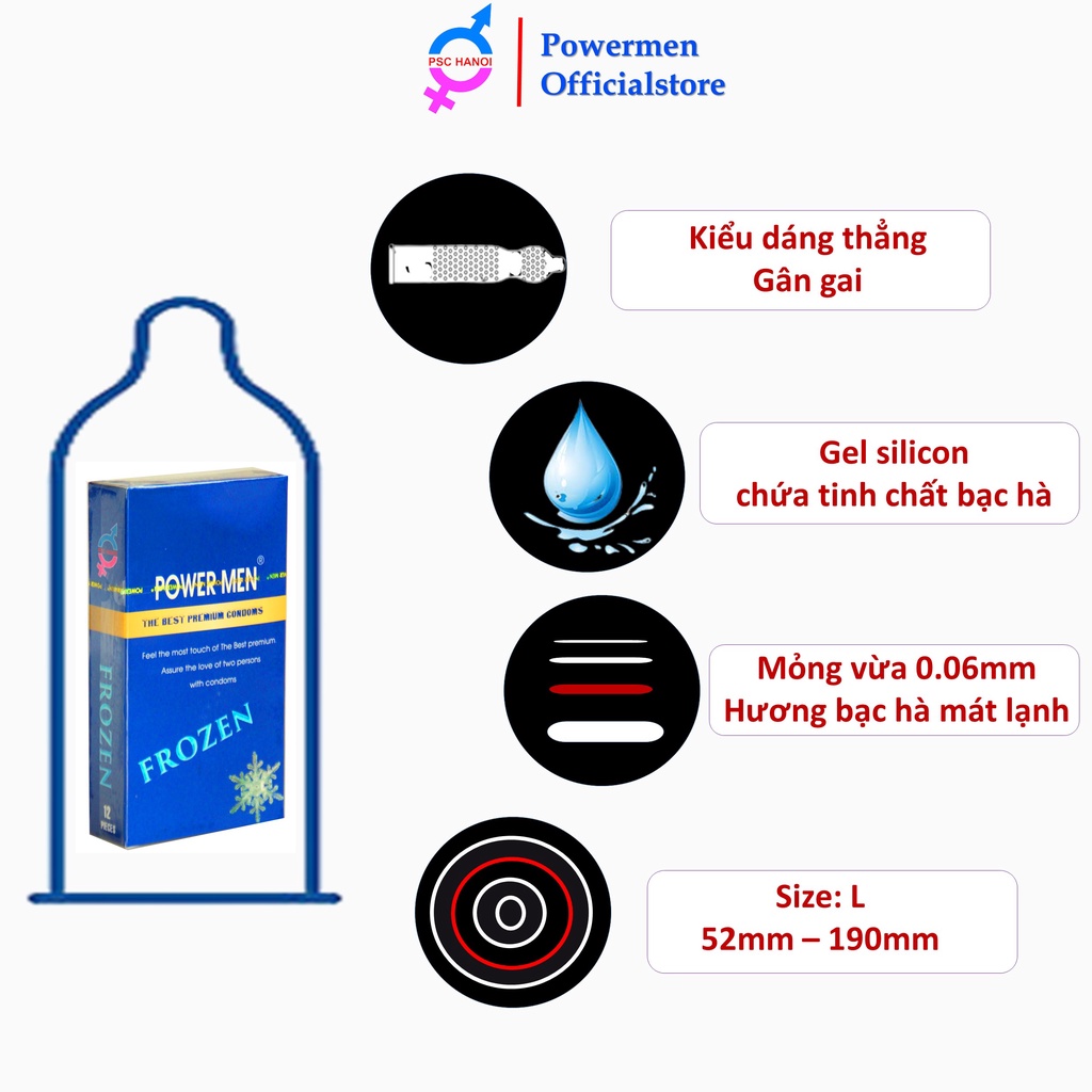 Bao cao su Powermen FROZEN gân gai tăng khoái cảm hương bạc hà mát lạnh kéo dài thời gian hộp 12 bcs