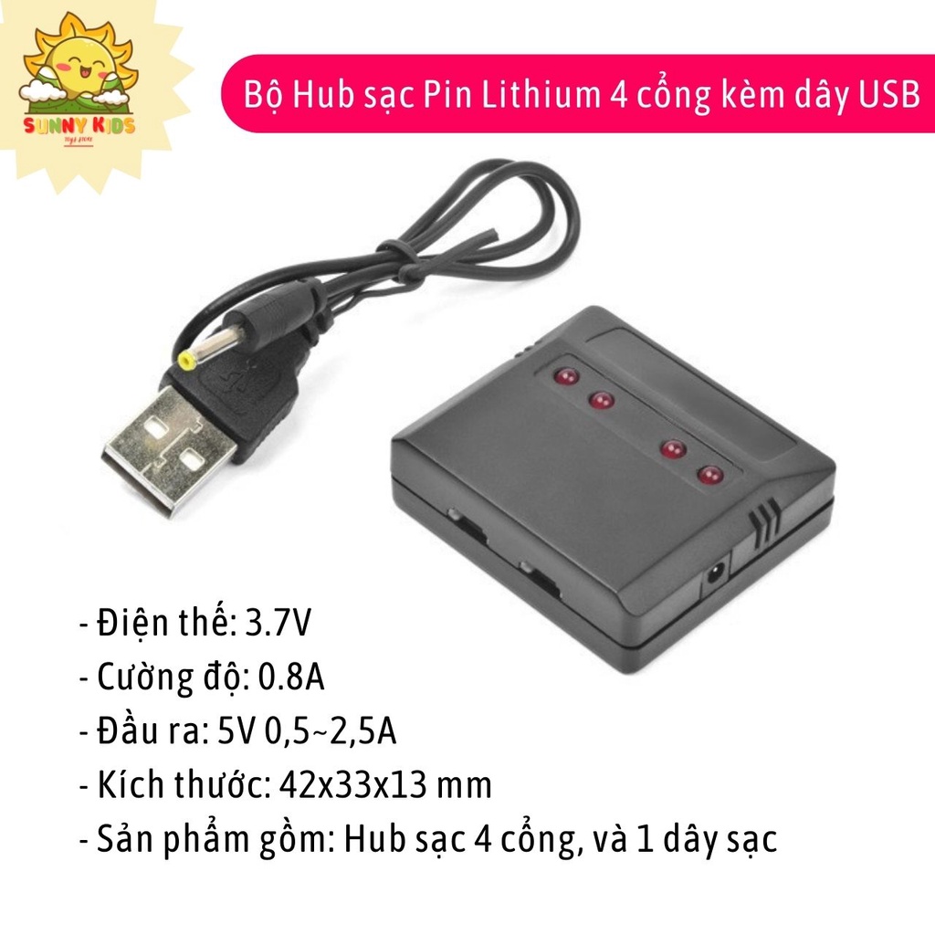 Hub sạc 4 cổng Pin Lithium, kèm dây USB 2.0, Sạc cùng lúc cho 4 Pin cho các loại đồ chơi điều khiển từ xa - Sunny Kids