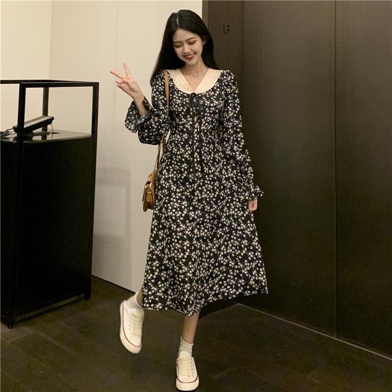 Đầm chữ a tay dài IELGY in họa tiết hoa phong cách vintage thời trang dành cho nữ