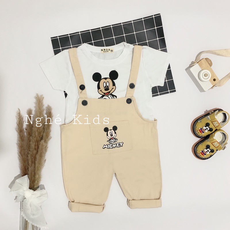 Quần yếm cho bé , Set yếm bé trai bé gái Quần yếm bò Micky phối áo thun micky Quảng Châu