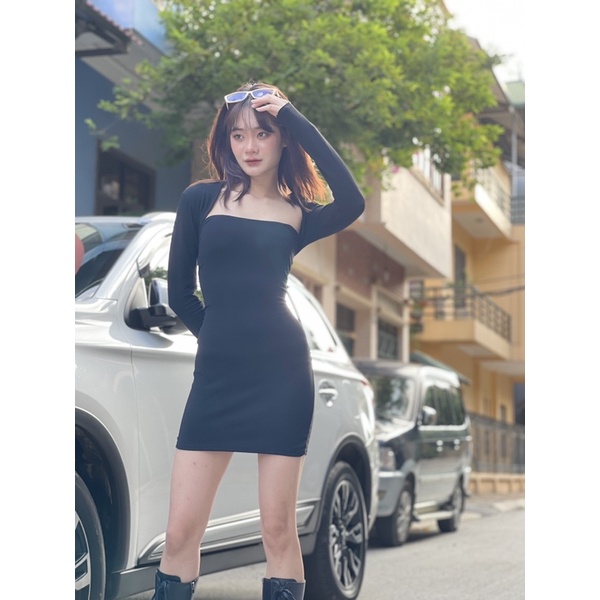 Váy body dáng dài cổ vuông đầm ôm body dài tay sang chảnh màu đen rêu JUMIO