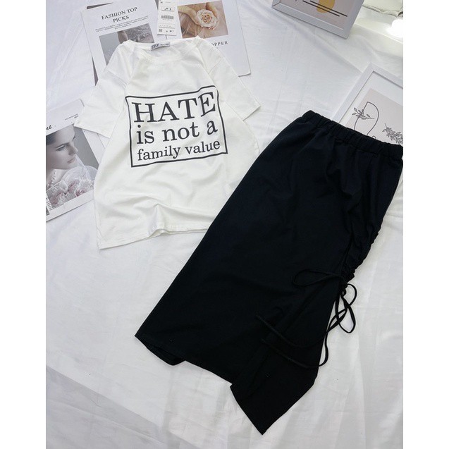 MVB0901 set mẹ và bé áo pull in chữ hate mix chân váy đen rút dây xẻ trước