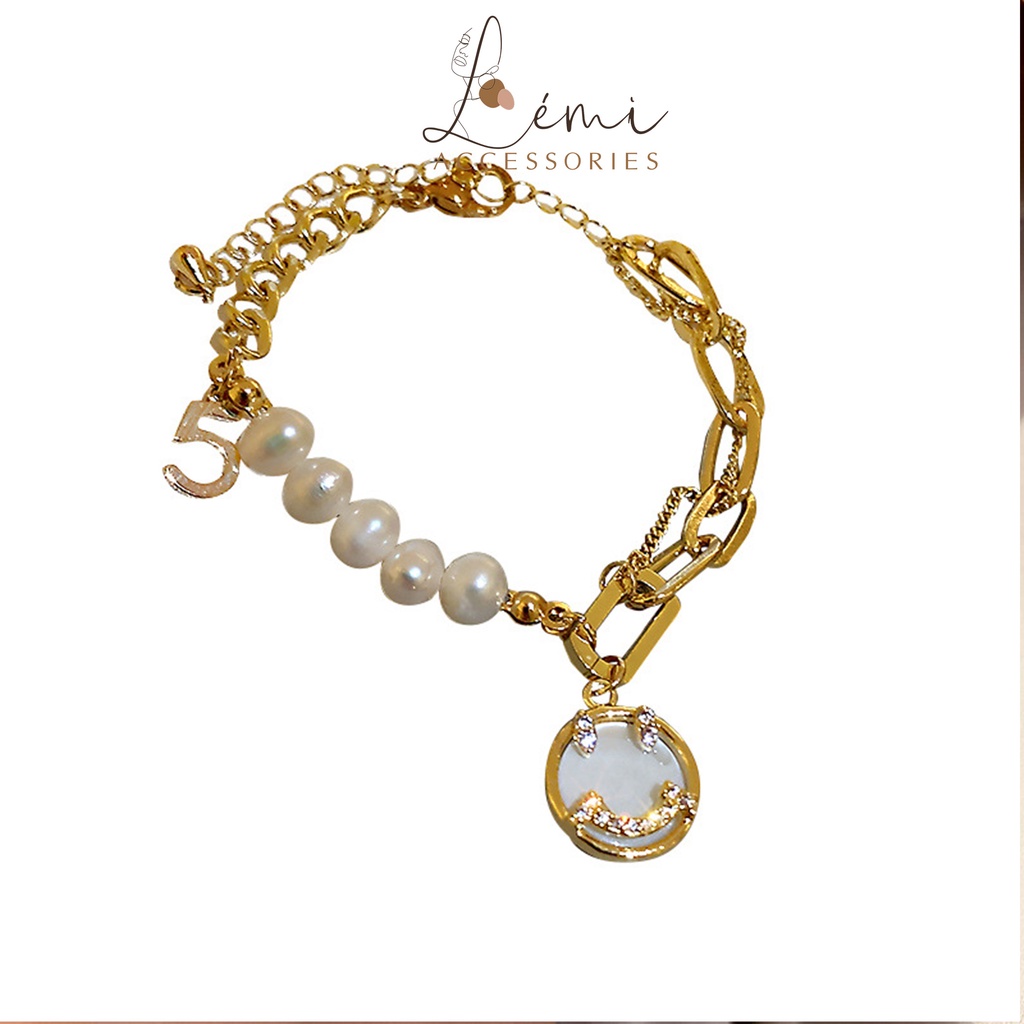 Lắc tay hạt trai nước ngọt mặt cười LEMI Vòng tay Retro số 5 bền màu thời trang Hàn Quốc