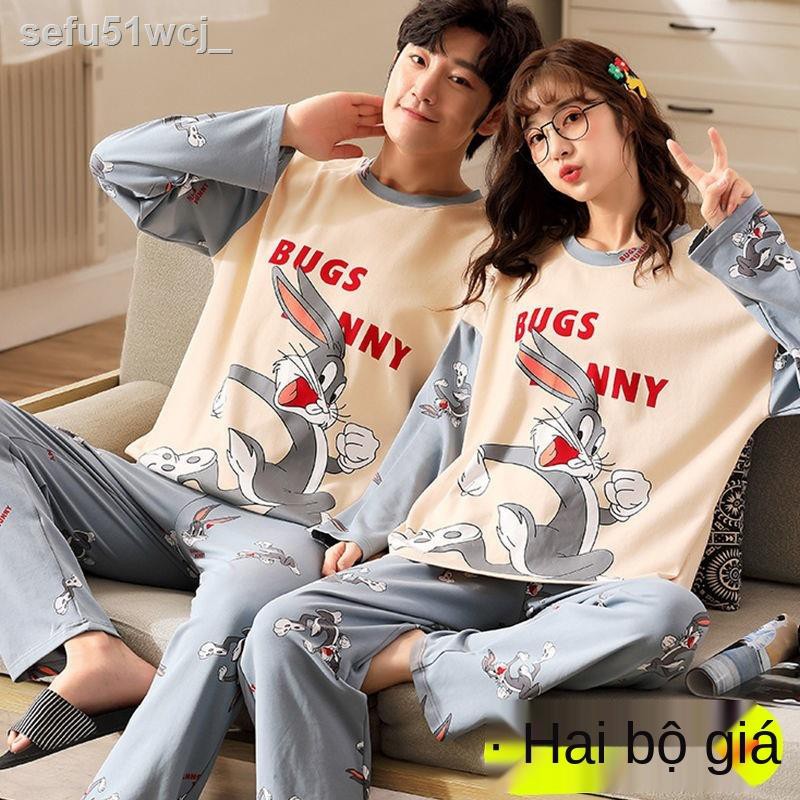 ✣2 bộ giá vài bộ đồ ngủ mùa thu dài tay cotton dễ thương cặp đôi hoạt hình Hàn Quốc nam và nữ bộ đồ phục vụ tại nhà mùa