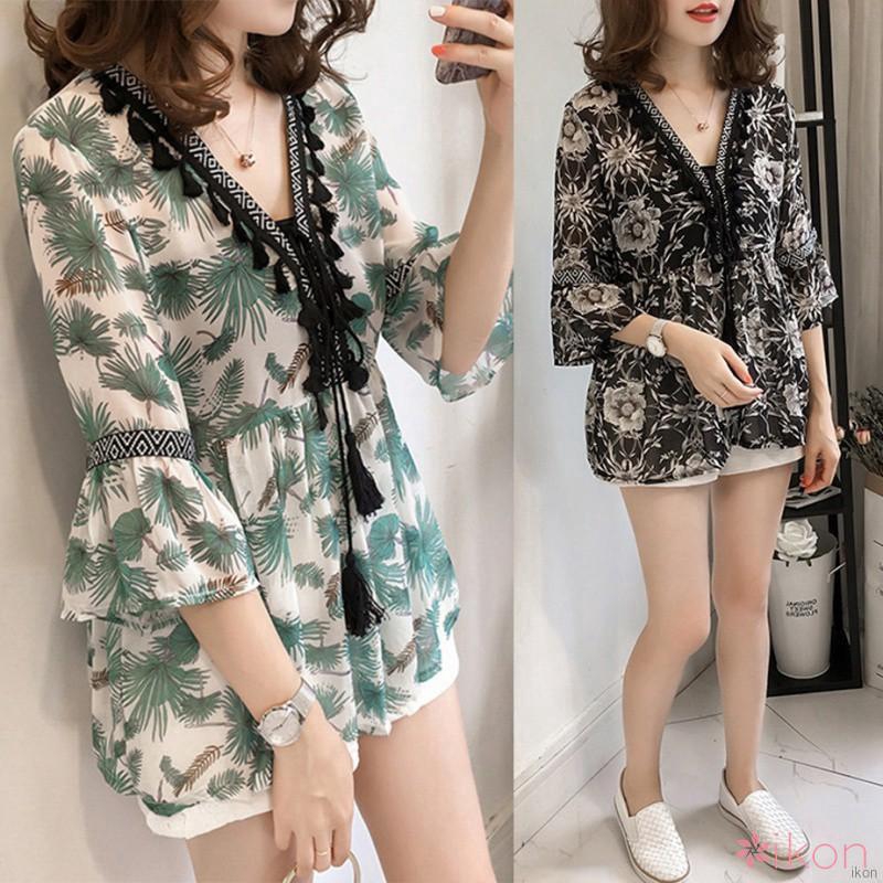 Áo sơ mi kiểu nữ vải chiffon cổ tim hoạ tiết hoa dáng rộng thoải mái