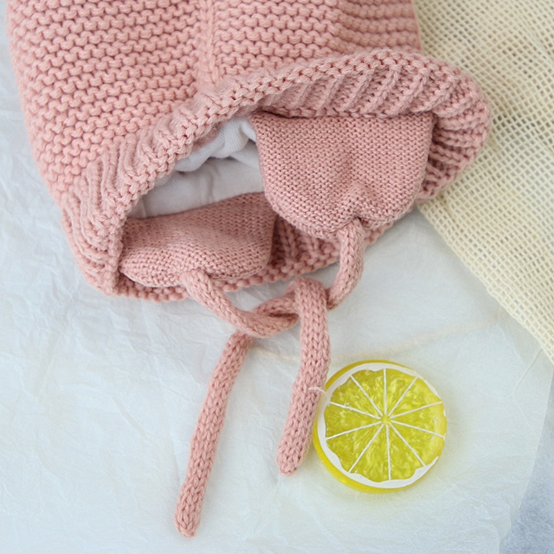 Mũ dệt kim mềm mại thiết kế hình tai thỏ phối quả bóng lông xù ấm áp màu trơn thiết kế dễ thương cho bé