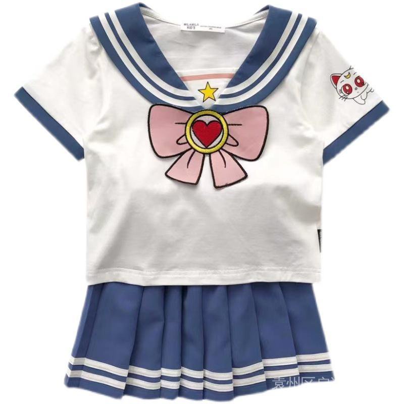 Bộ Áo + Chân Váy Xếp Ly Thủy Thủ Mặt Trăng Dễ Thương Thời Trang Mùa Hè 2022 Dành Cho Bé Gái