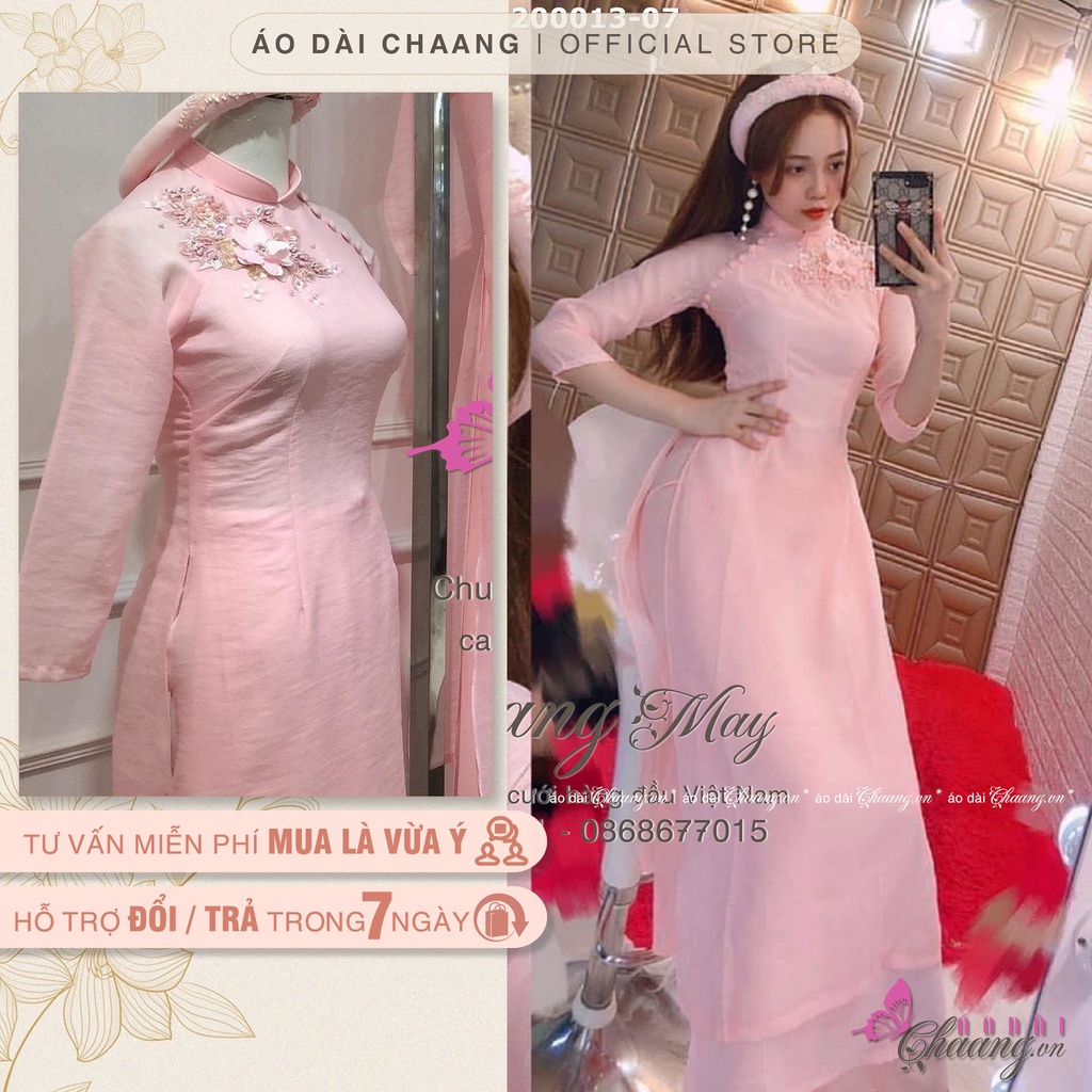 Áo Dài Trắng Cách Tân Nữ 4 Tà lệch Lụa Xước Đông Nhi Trắng Đính Ren Cúc Đẹp