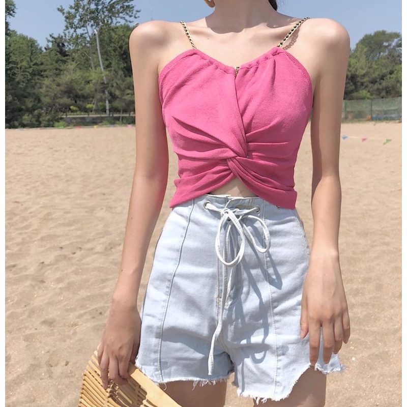 Áo croptop không tay màu trơn xinh xắn cho nữ,  Áo dây họa tiết xếp ly phối dây xích quyến rũ - O2D13
