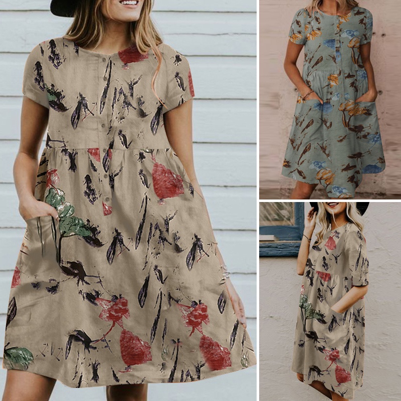 Đầm ZANZEA tay ngắn cổ tròn in họa tiết phong cách retro châu âu thích hợp cho nữ