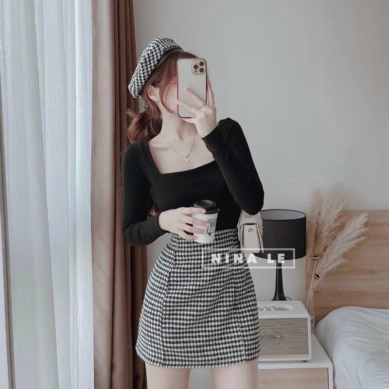 (Shop bigsize nữ 50kg-90kg) Set áo thun gân tay dài mix chân váy A caro