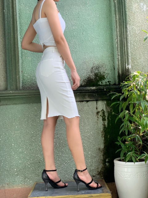 CHÂN VÁY BÚT CHÌ JEAN NGANG GỐI MÀU TRẮNG LƯNG CAO CO DÃN MẠNH VNXK | BigBuy360 - bigbuy360.vn