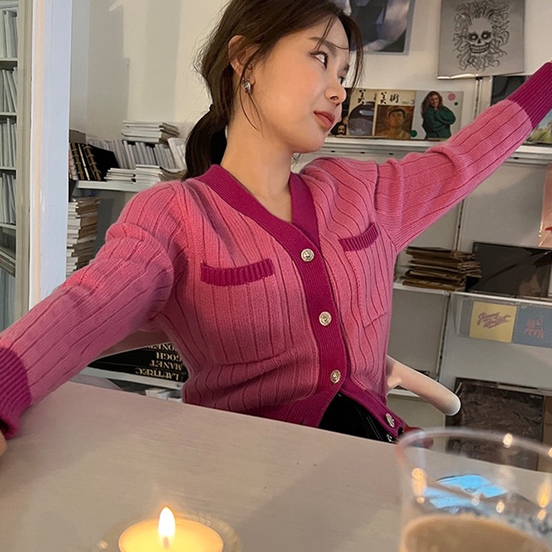 SUXI Áo Khoác Cardigan Dệt Kim Cổ Chữ V Màu Sắc Thanh Lịch