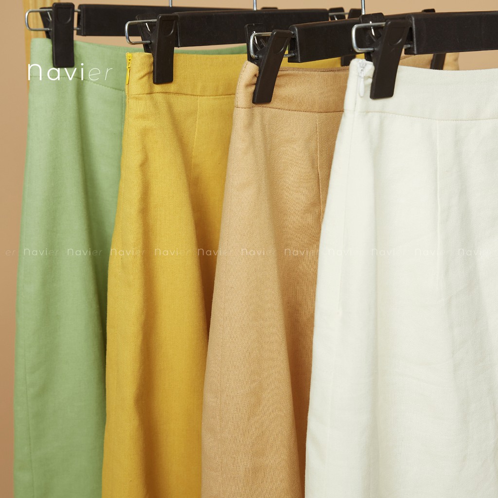 CHÂN VÁY MIDI DÀI SUÔNG CHỮ A CÔNG SỞ 2 LỚP XẺ TÀ ÔM NHẸ MÀU TRẮNG VÀNG TÍM BE - LINEN OFFICE SKIRT CV01 NAVIER | BigBuy360 - bigbuy360.vn