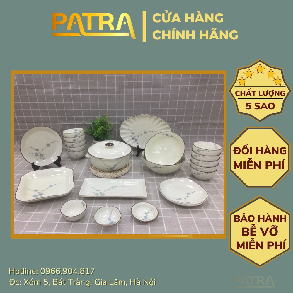 Bộ bát đĩa sứ Bát Tràng, bộ chén dĩa men kem họa tiết hoa đào xanh 21 chi tiết, có bán các món lẻ
