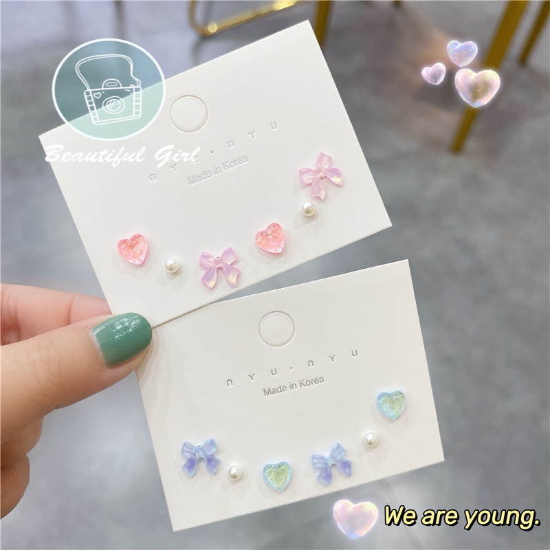 3 Đôi khuyên tai hình nơ / trái tim / ngọc trai giả xinh xắn cho nữ