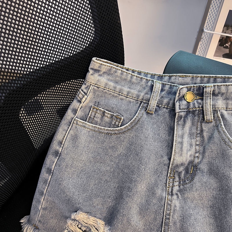 Quần Short denim Lưng Cao Ống Rộng In Họa Tiết Trái Tim Thời Trang Mùa Hè Hàng Mới Dành Cho Nữ