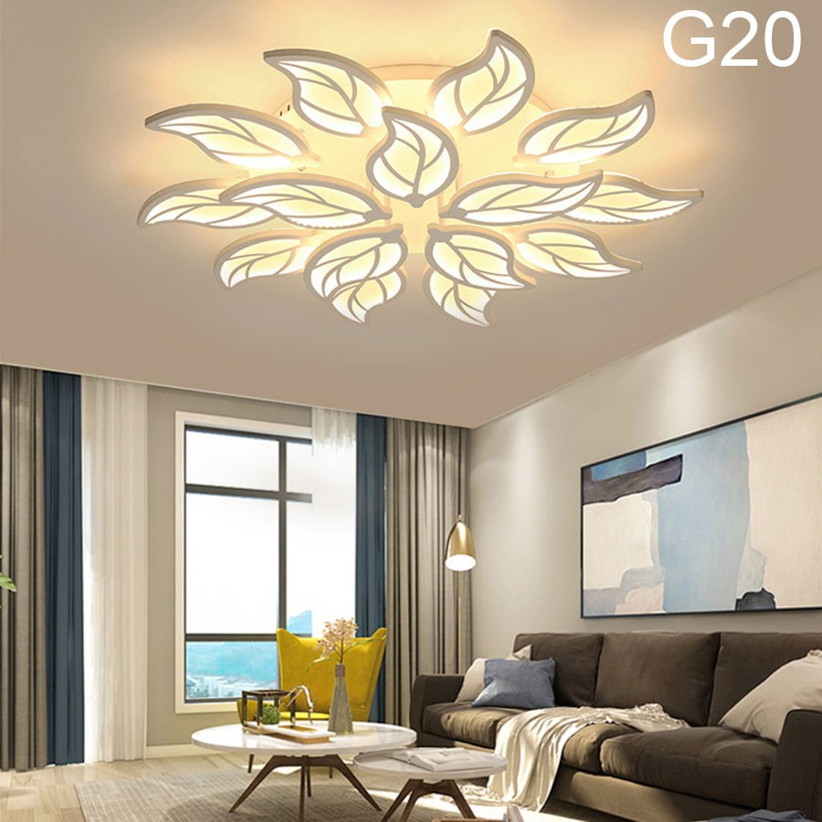 ĐÈn ốp trần phòng khách, đèn LED trang trí G20 15 cánh lá, 3 chế độ sáng kèm điều khiển từ xa tăng chỉnh ánh sáng