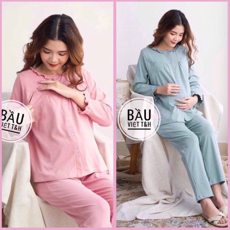 ☃✁Bộ đồ bầu sau sinh mặc nhà Hàn Quốc, chất cotton, thoáng mát, tiện cho mẹ