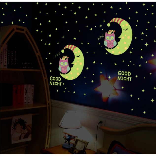 Decal trang trí Trăng và Cú Mèo ngủ đêm - Dạ Quang