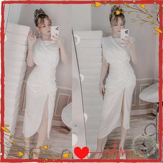 Đầm Trắng Dự Tiệc|Váy Lụa Trắng Body Dáng Dài dự Tiệc ĐI Chơi Thiết Kế Xẻ Tà Nhún Eo Sang Trọng Lịch Sự