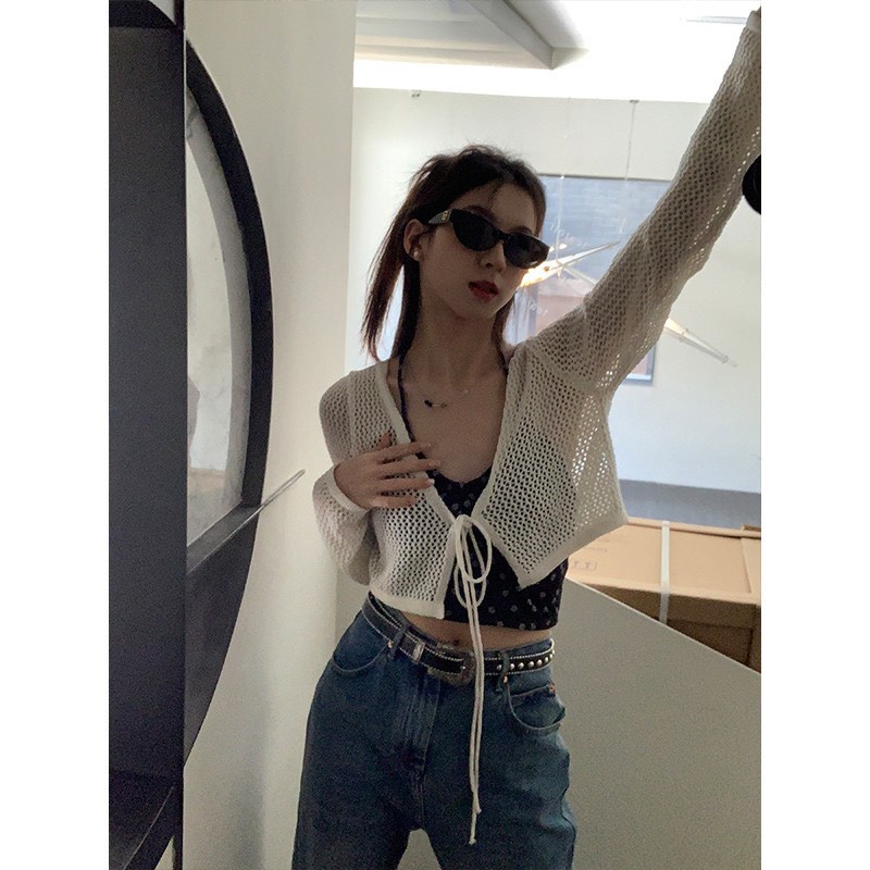 Áo khoác cardigan lưới thắt nơ Hàn Quốc