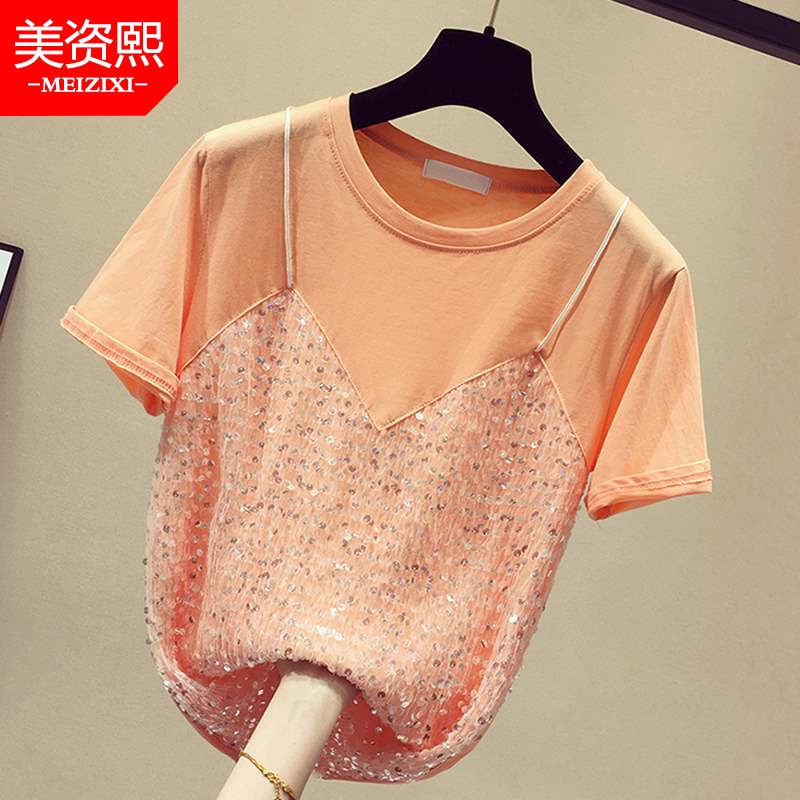 2022 spring and summer new large 200kg short sleeve T-shirt women's pure cotton Korean loose fake two-piece top bottomed shirt