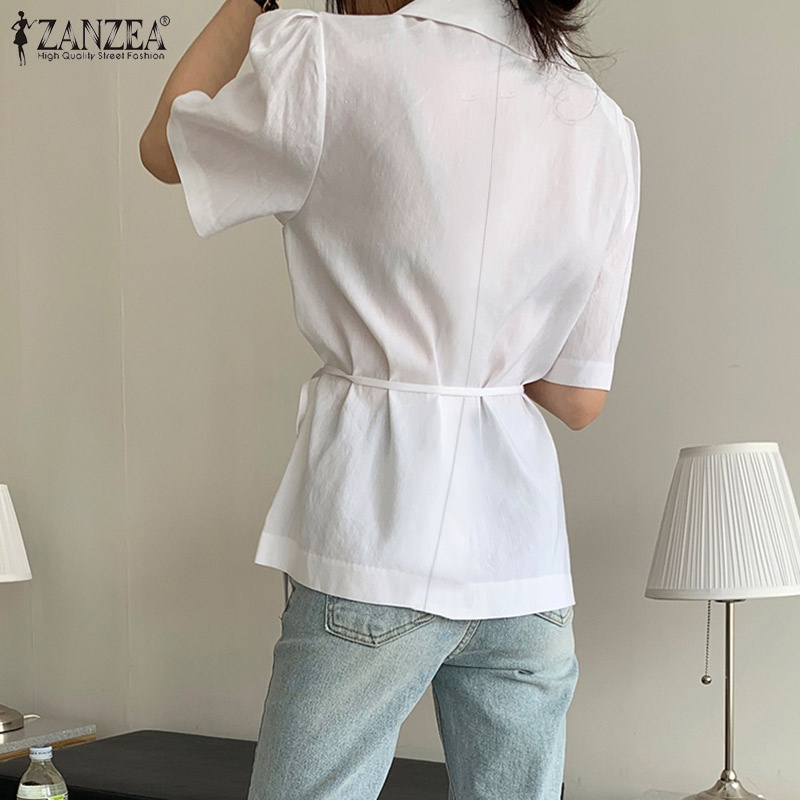 Áo kiểu Zanzea tay ngắn cổ bẻ thắt nơ eo phong cách Hàn Quốc thời trang cho nữ