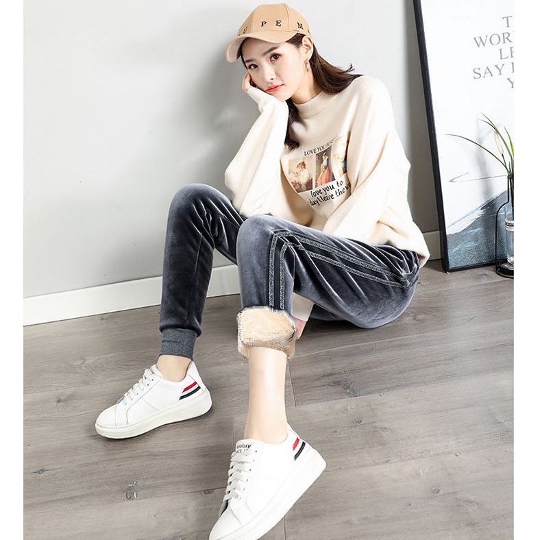 Quần jogger nữ vải nhung lót lông cừu cao cấp, quần bo ống mùa đông ấm áp