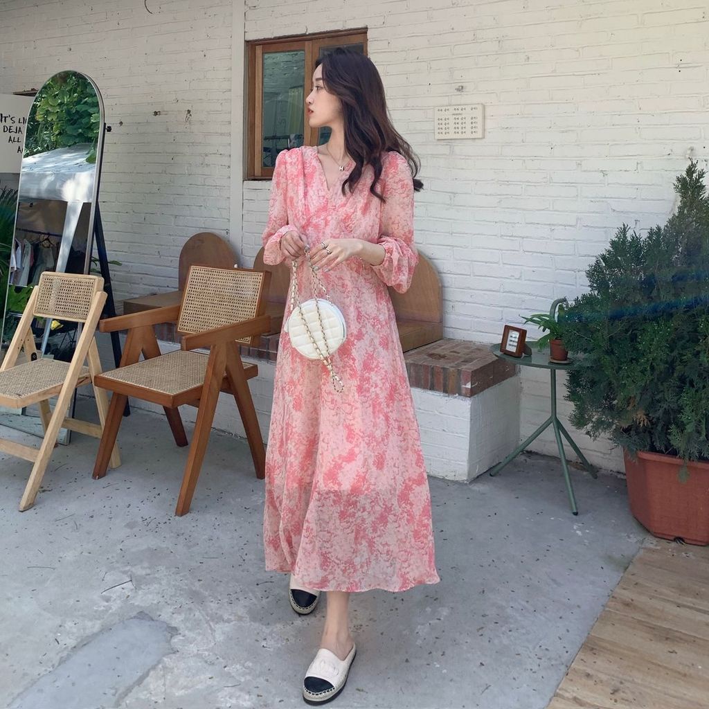 Đầm chiffon Ôm Eo In Họa Tiết Hoa Anh Đào Thanh Lịch