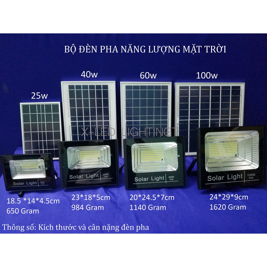 [X-LED] Đèn PHA năng lượng mặt trời 25w - 40w - 60w - 100w (Tặng pin)