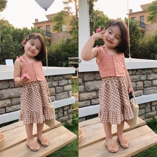 Sét áo váy kẻ caro vintage bé gái