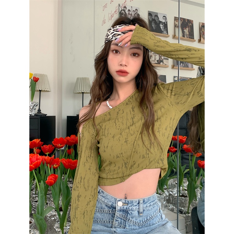 Porozi  Áo croptop  trễ vai dài tay thời trang Hàn Quốc dành cho nữ