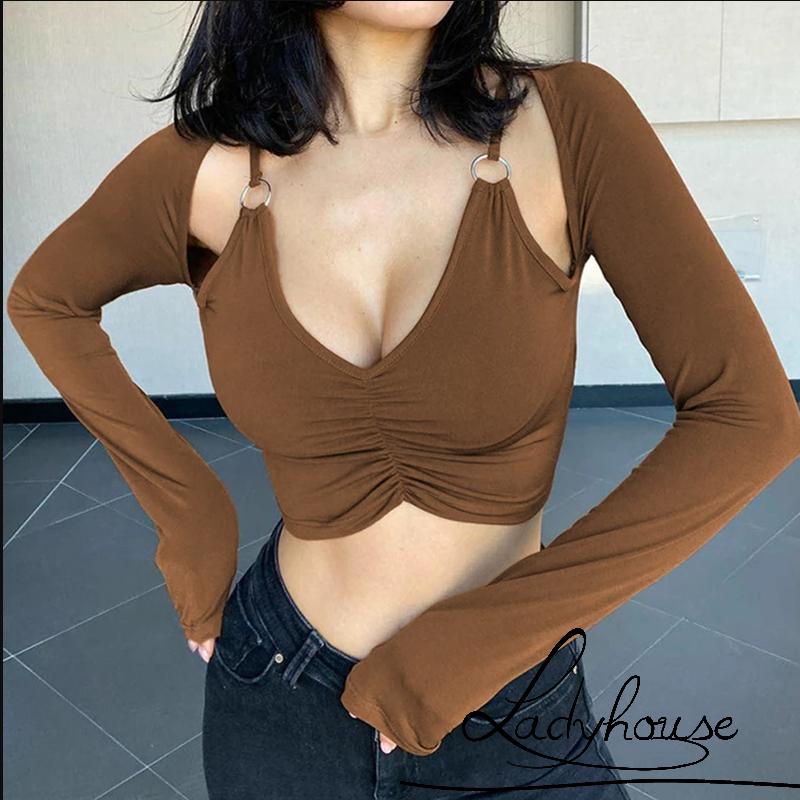 Áo Croptop Tay Dài Cổ Chữ V Màu Trơn Thanh Lịch Thời Trang Mùa Hè Cho Nữ