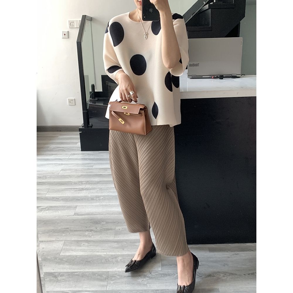 Áo Thun Cổ Tròn Tay Lửng Dáng Rộng Họa Tiết Chấm Bi Phong Cách Nhật Bản Thời Trang Mùa Hè 2022 Cho Nữ