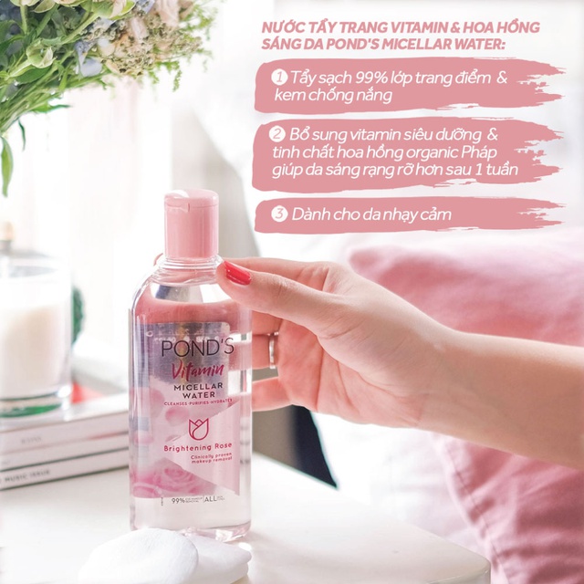 Nước tẩy trang Vitamin Pond's Micellar Water 400ml:Hoa hồng sáng da