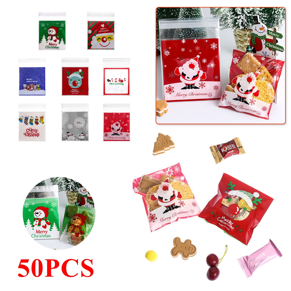 ❀SIMPLE❀ 50PCS Decor Christmas Gifts Bags Bake Cookies Plastic Packaging Self-adhesive Biscuit Cute Candy Kids Gifts Santa Claus