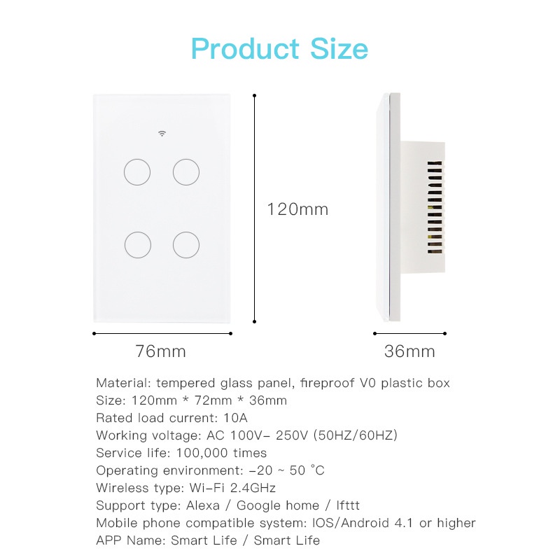 Công Tắc Wifi Tuya Smart Life  4 Nút Chữ Nhật Cảm Ứng mặt kính 4 nút cho nhà thông minh