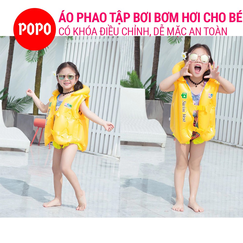 Áo phao tập bơi bơm hơi cho bé có khóa bấm điều chỉnh cao cấp, chất liệu an toàn dày dặn cao cấp cho bé POPO