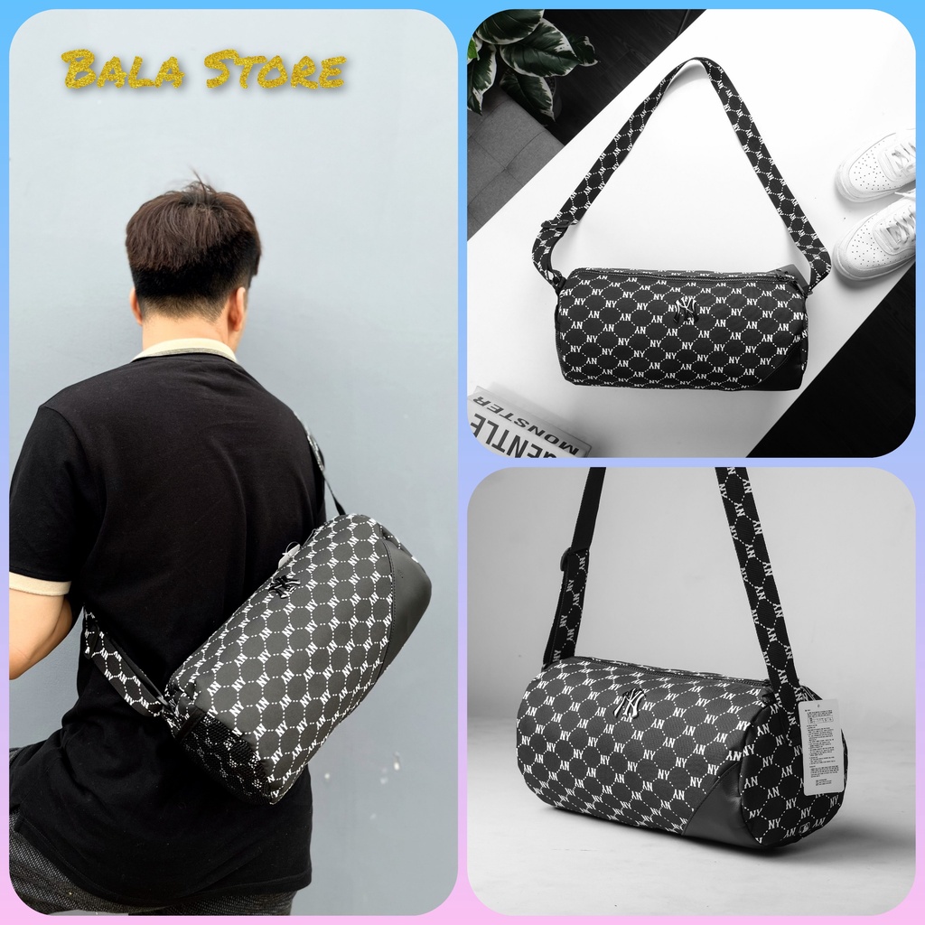 Túi trống mini MLB màu đen, họa tiết NY monogram trắng (túi tập gym)