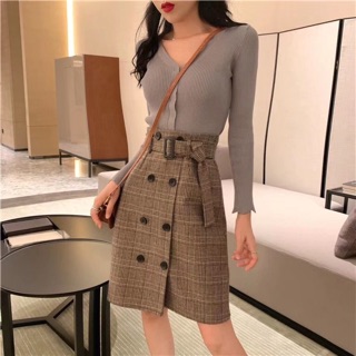 Chân váy dạ kẻ dáng A QC