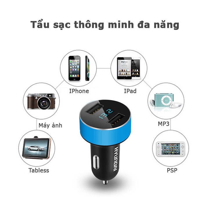 Tẩu sạc Hyundai hai cổng USB hàng cao cấp sạc nhanh thông minh có màn hình led