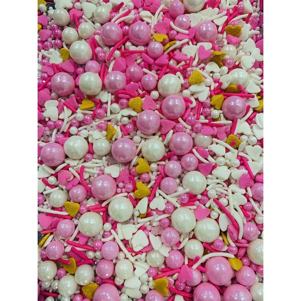 Hạt cốm đường trang trí bánh lẫn màu hình tròn trắng hồng+tim hồng trắng vàng+sợi trắng hồng (lọ 100g)
