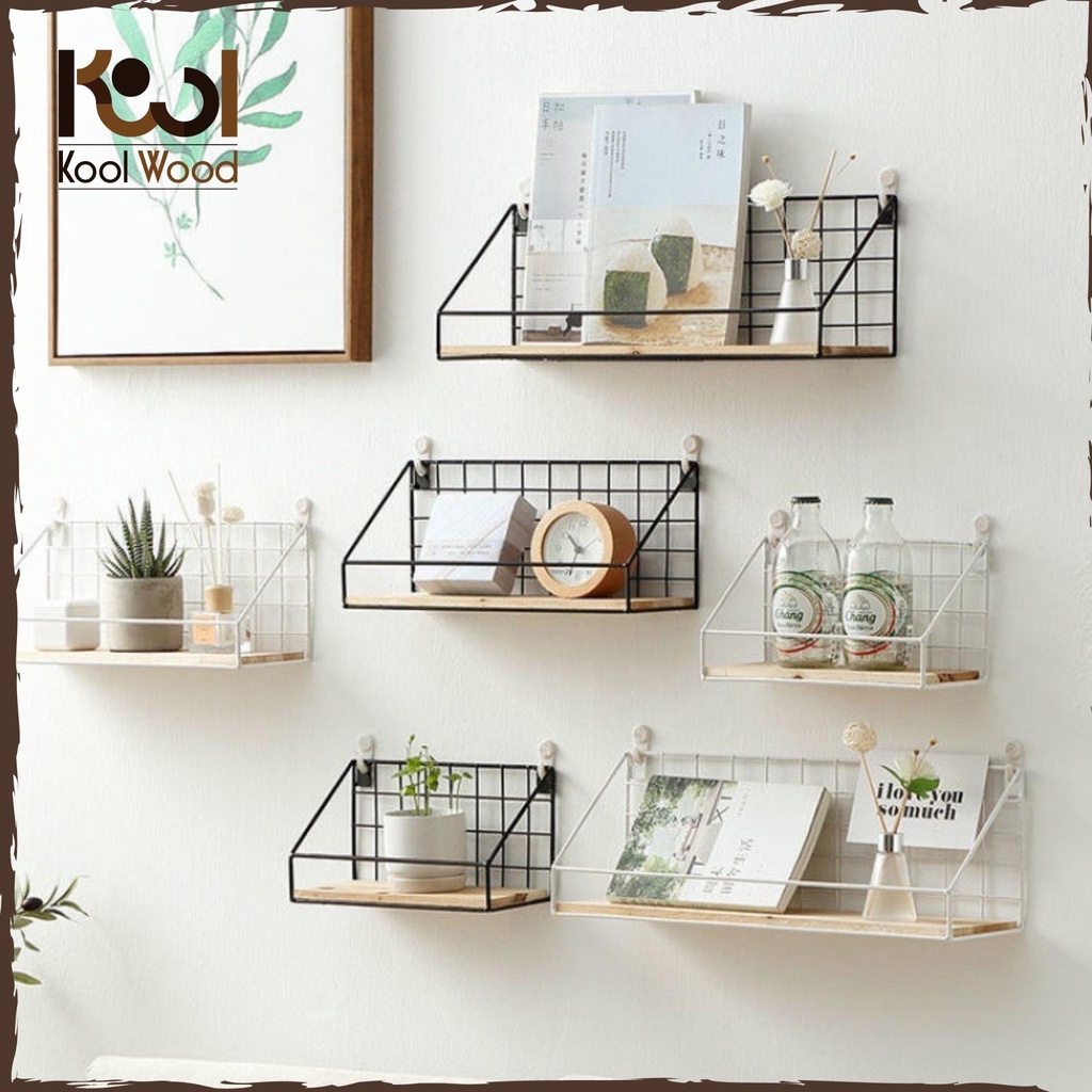 Kệ dán tường để đồ, Kệ Sắt Đáy Gỗ KG01 Koolwood ,Trang Trí Nhà Cửa ,Decor Phòng, Tặng Đinh, Miếng Dán