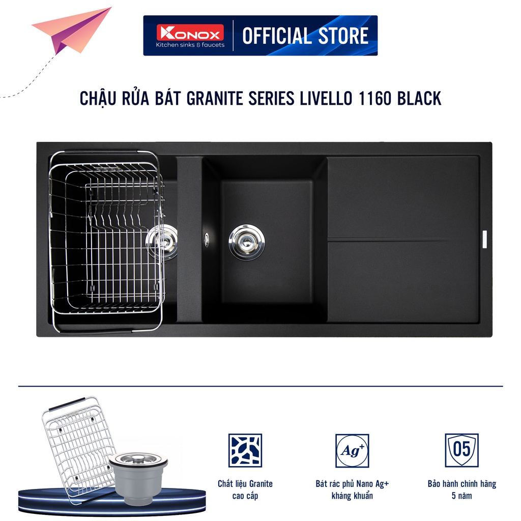 Chậu rửa bát đá KONOX Granite Series Livello 1160 Black, Made in Italy, Full set gồm Siphon + Giá úp bát inox