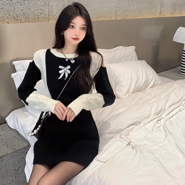 Đầm nữ dệt kim ZHELIHANGFEI tay dài lộ vai gợi cảm thời trang